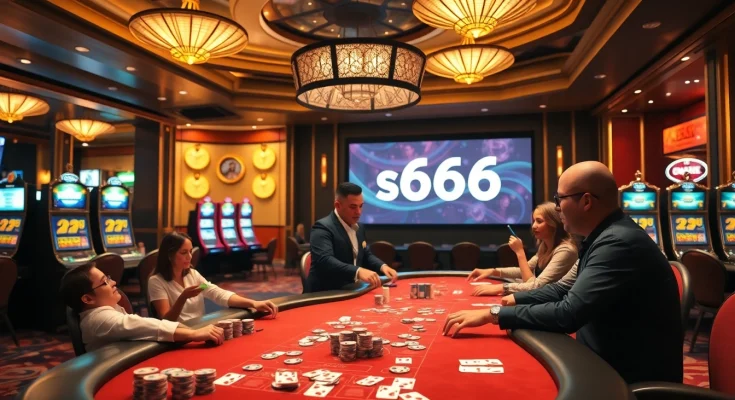 Experience the excitement of s666 đăng nhập with vibrant casino visuals featuring players and gaming tables.