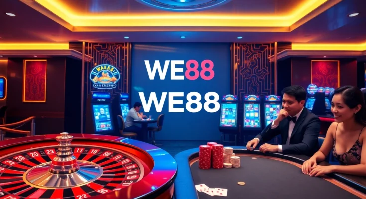 Engaging players at WE88 casino with vibrant slots and a roulette wheel.