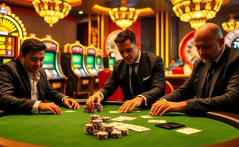 An intense poker game scene featuring luxury elements from 789f, showcasing poker chips, cards, and a roulette wheel.