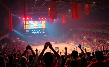 Exciting live cockfighting event at dagawin.live with fans cheering and vibrant atmosphere.