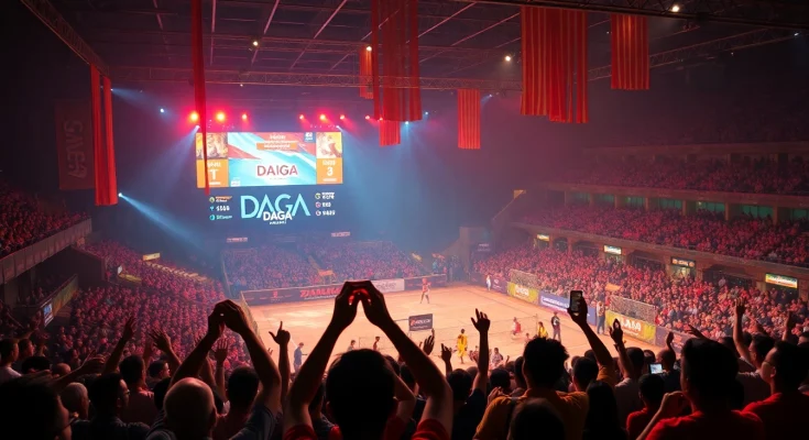 Exciting live cockfighting event at dagawin.live with fans cheering and vibrant atmosphere.