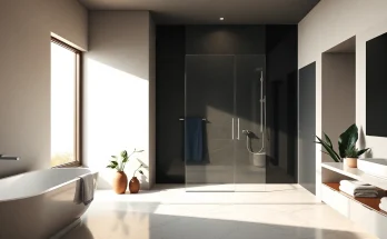 Spotlight on a stylish black shower door in a modern bathroom design, featuring elegant fixtures and natural light.