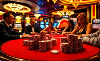 Players strategizing at a glamorous F168 casino table with poker chips and cards.