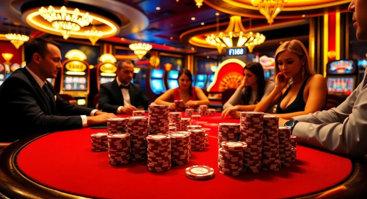 Players strategizing at a glamorous F168 casino table with poker chips and cards.