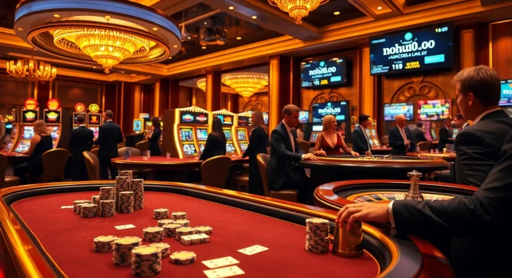 A high-stakes poker scene at nohu90.com with luxurious tables, chips, and slot machines.