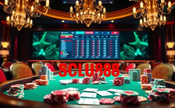 Experience the thrill of SCLUB88 at a vibrant casino table with poker chips and cards.
