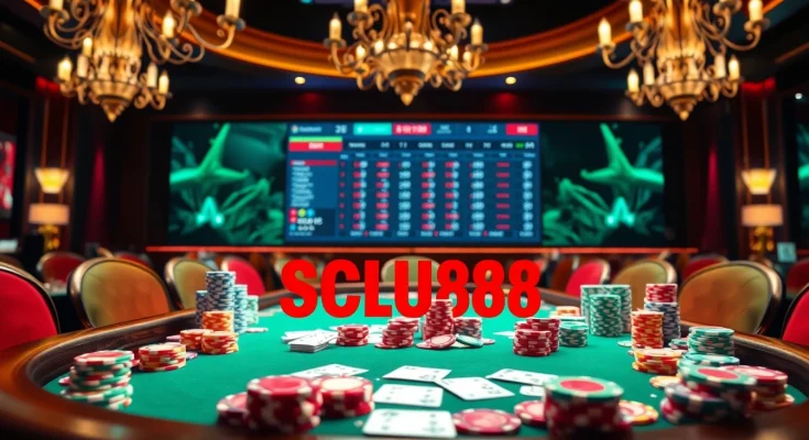 Experience the thrill of SCLUB88 at a vibrant casino table with poker chips and cards.
