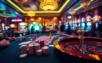 Engaging RR88 Trang Chủ scene with poker players and vibrant casino decor reflecting online gambling excitement.