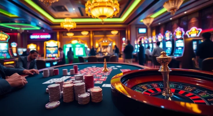 Engaging RR88 Trang Chủ scene with poker players and vibrant casino decor reflecting online gambling excitement.