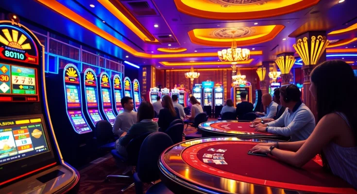 Engaging casino environment showcasing TK88win.live, featuring players enjoying vibrant slot machines and card games.