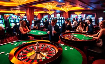 Exciting game scene showcasing 77BALL's vibrant casino atmosphere with engaged players at tables.