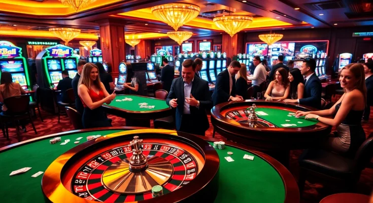 Exciting game scene showcasing 77BALL's vibrant casino atmosphere with engaged players at tables.