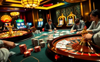 A lively gaming scene portraying the essence of trang cá cược uy tín with poker chips, cards, and an exciting roulette table.