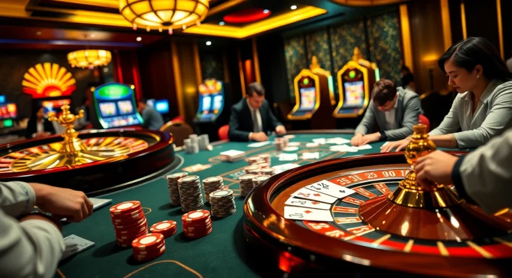 A lively gaming scene portraying the essence of trang cá cược uy tín with poker chips, cards, and an exciting roulette table.