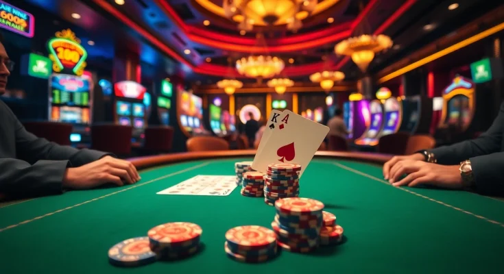 Thrilling poker game highlighting players' excitement at https://winvn.wiki with vibrant casino background.