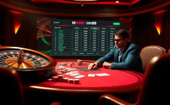 Engaging with the stylish online gambling scene at trang chủ mm88, featuring poker tables and roulette wheels.