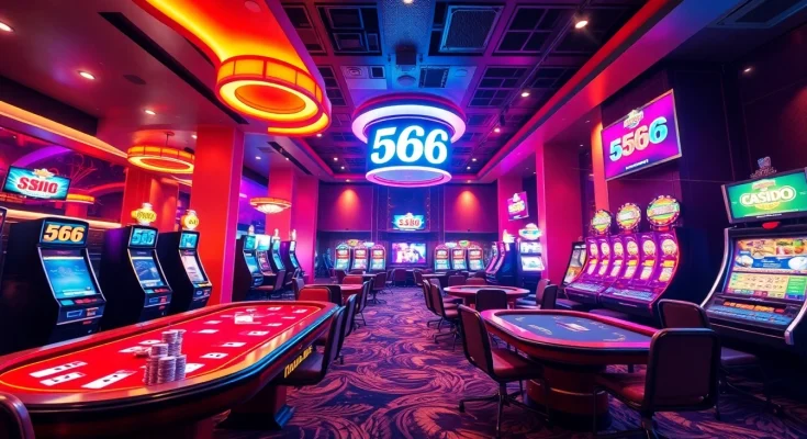 Experience the excitement of online gambling at 566 casino with vibrant lights and engaging gaming tables.