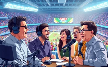 Dynamic scene of sports broadcasting capturing experts in action during a live game.