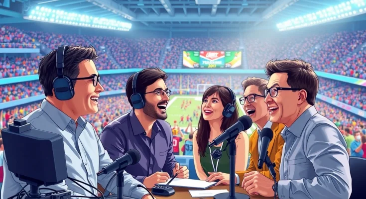 Dynamic scene of sports broadcasting capturing experts in action during a live game.