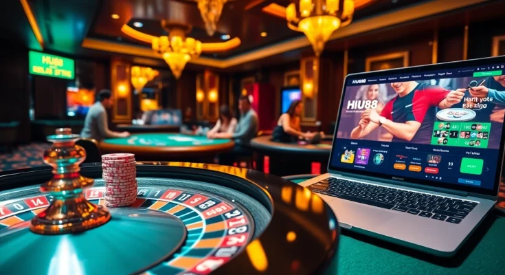 Players enjoying thrilling games at HU88 casino with roulette and blackjack tables.