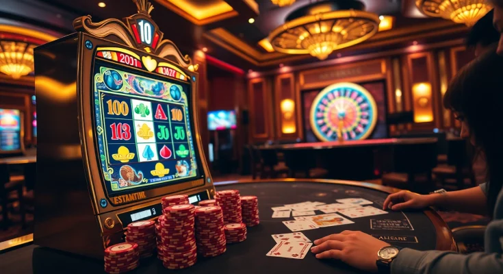 Exciting nổ hũ slot machine in a luxurious casino environment with vibrant lights.