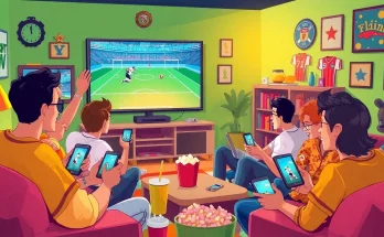 Fans engaging in football streaming via joemadfan.com with devices in a lively setting.