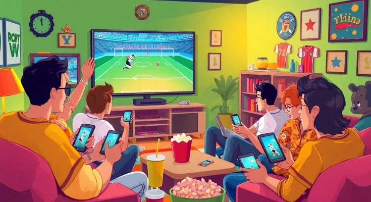 Fans engaging in football streaming via joemadfan.com with devices in a lively setting.