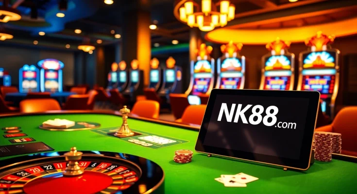 Players enjoying the thrilling games at NK88 com, surrounded by vibrant casino ambiance.