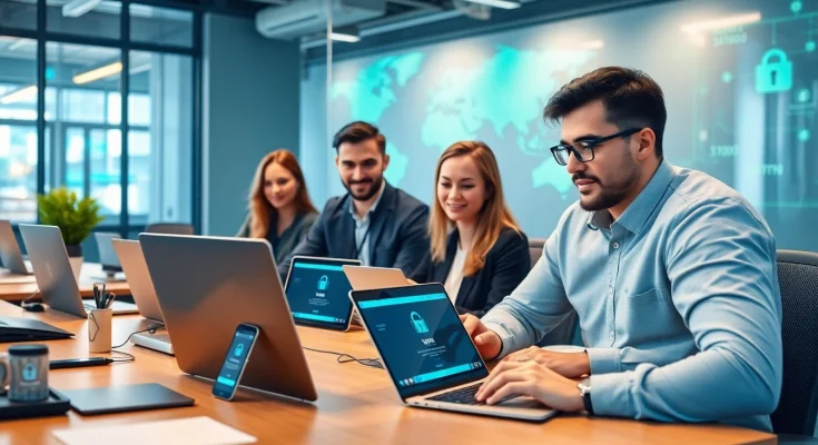 科技工作空间中现代设备上的快连官网界面，象征安全的互联网连接。