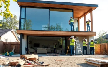 House extension construction showcasing a modern design with framing workers in action.