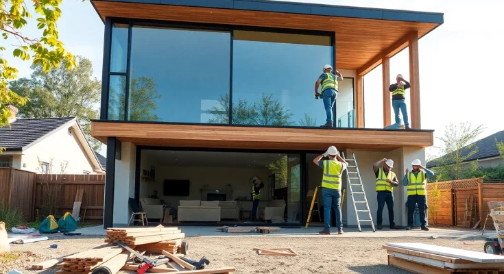 House extension construction showcasing a modern design with framing workers in action.