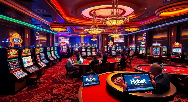 Engaging gamblers enjoy vibrant Hubet casino gaming with luxurious slot machines and tables.