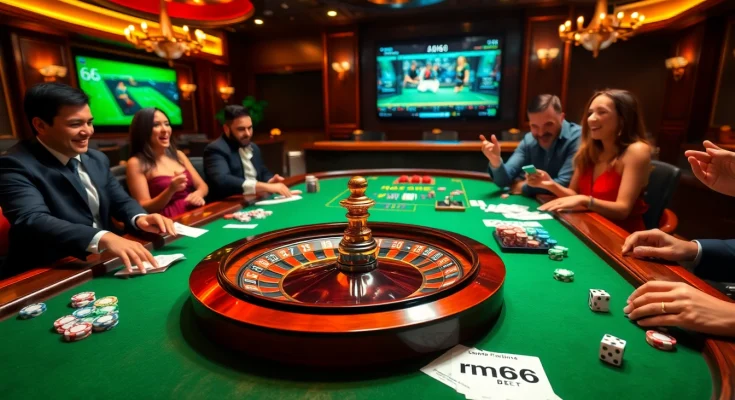 Experience the excitement of mm66 bet at a vibrant casino table filled with poker chips and a roulette wheel.