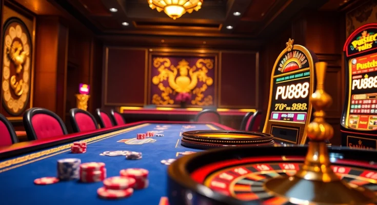 Pussy888 gamers engaging at a luxury casino table featuring vibrant poker chips and a glowing slot machine.