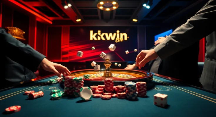 Experience the thrill of winning at https://kkwin.life/ with a lively casino table scene adorned with poker chips and dice.
