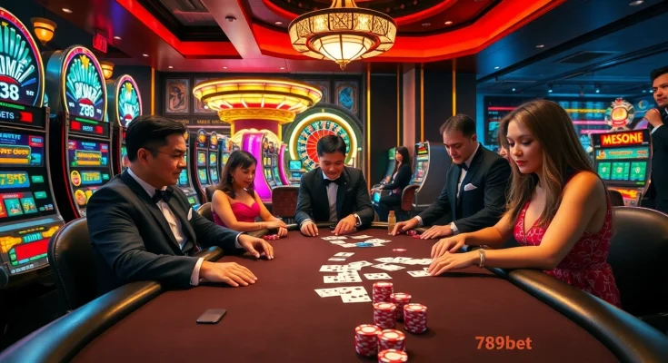 Gamblers at a luxurious poker table enjoying the excitement of 789bet casino games.