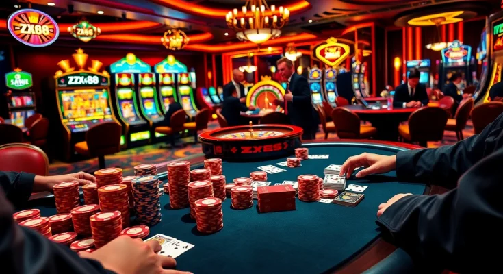 Players enjoying the excitement of ZX88 casino with vibrant chips and action-packed gameplay.