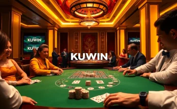Experience the thrill of poker at KUWIN, showcasing luxury gaming tables and vibrant casino decor.