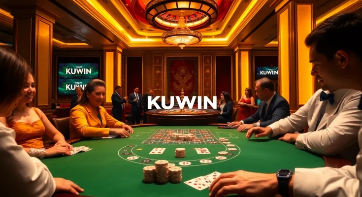 Experience the thrill of poker at KUWIN, showcasing luxury gaming tables and vibrant casino decor.