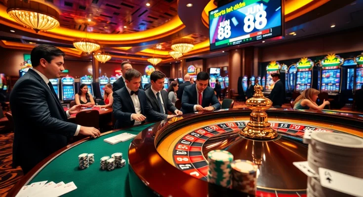 Engaging players at jun 88’s roulette table in a luxurious casino setting.