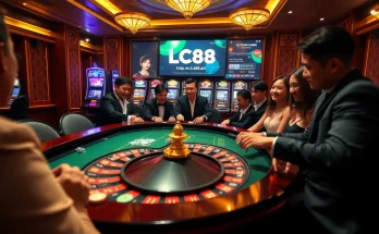 Excited players enjoying a luxurious casino atmosphere at https://lc88.art/, featuring roulette and poker elements.