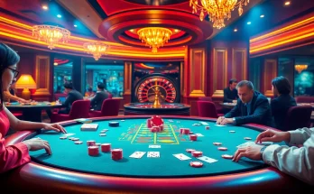Engaged players at a KP88 poker table, showcasing luxury and excitement in gambling.