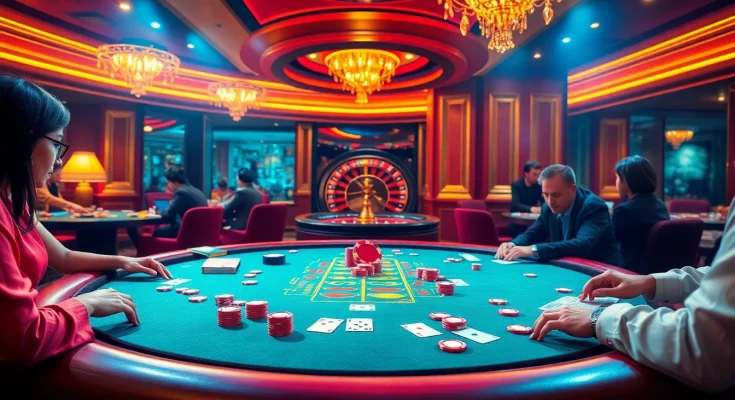 Engaged players at a KP88 poker table, showcasing luxury and excitement in gambling.