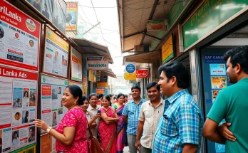 Sri Lanka Ads marketplace scene with vibrant interactions and colorful ads.