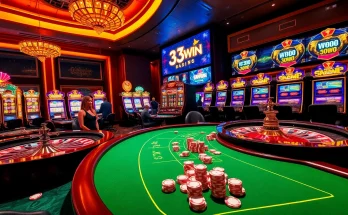 A dynamic casino scene illustrating 33WIN betting excitement with a roulette table and vibrant poker chips.
