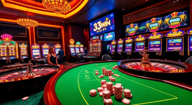 A dynamic casino scene illustrating 33WIN betting excitement with a roulette table and vibrant poker chips.