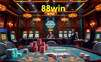 Experience the excitement of gambling at 58win đăng nhập with a vibrant casino setting featuring poker chips and slot machines.
