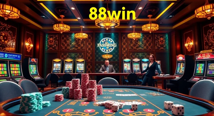 Experience the excitement of gambling at 58win đăng nhập with a vibrant casino setting featuring poker chips and slot machines.