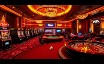 Engaging casino scene highlighting PG66 with players at poker tables and vibrant slot machines.