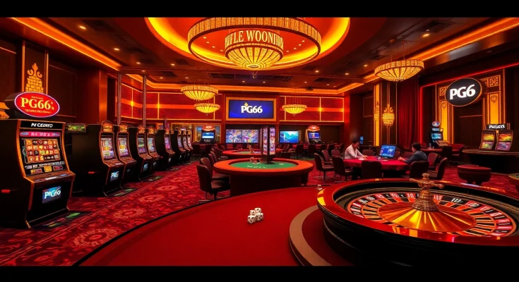 Engaging casino scene highlighting PG66 with players at poker tables and vibrant slot machines.